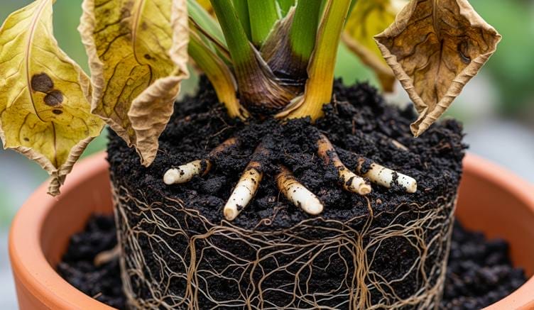 causes-and-treatment-methods-of-root-rot-in-plants The picture shows a plant with rotten roots.